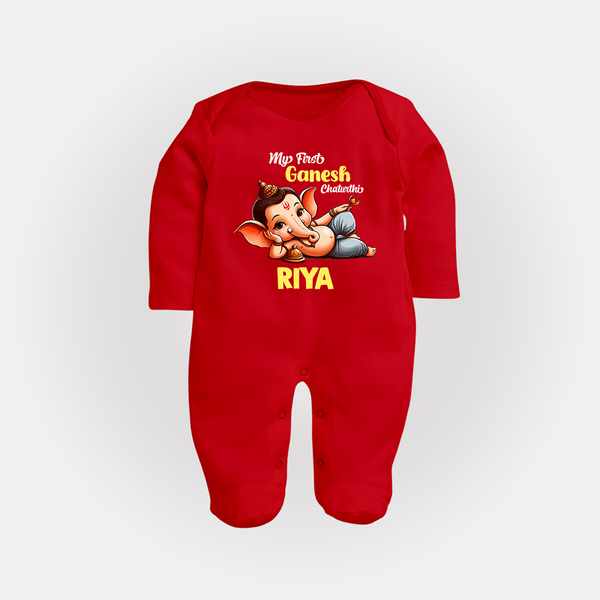 My First Ganesh Chaturthi Sleep Suit / Full Sleeve Body Suit | Personalized Baby Sleep Suit / Full Sleeve Body Suit for Ganesh Festival - RED - New Born (Chest 7.5")