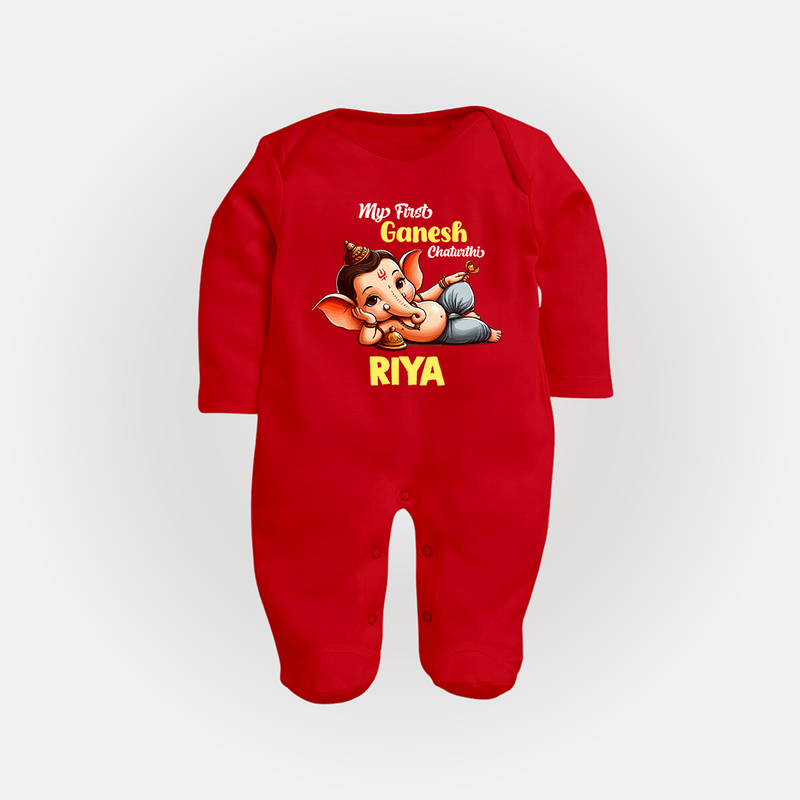 My First Ganesh Chaturthi Sleep Suit / Full Sleeve Body Suit | Personalized Baby Sleep Suit / Full Sleeve Body Suit for Ganesh Festival - RED - New Born (Chest 7.5")