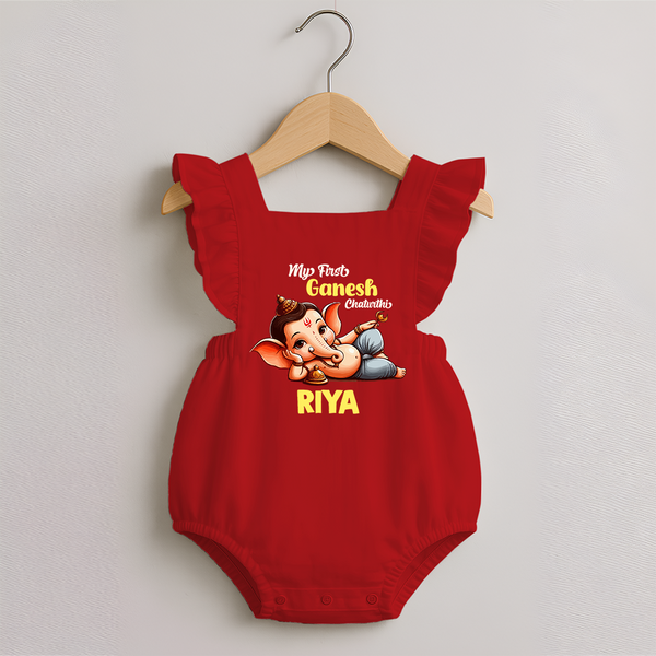 My First Ganesh Chaturthi Romper Frock | Personalized Baby Romper Frock for Ganesh Festival - RED - 0 - 3 Months Old (Chest 19")