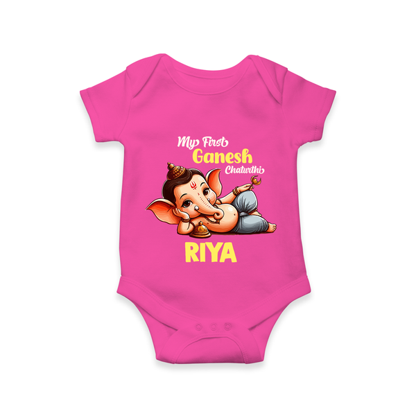 My First Ganesh Chaturthi Romper / Onesie | Personalized Baby Romper / Onesie for Ganesh Festival - HOT PINK - New Born (Chest 14")