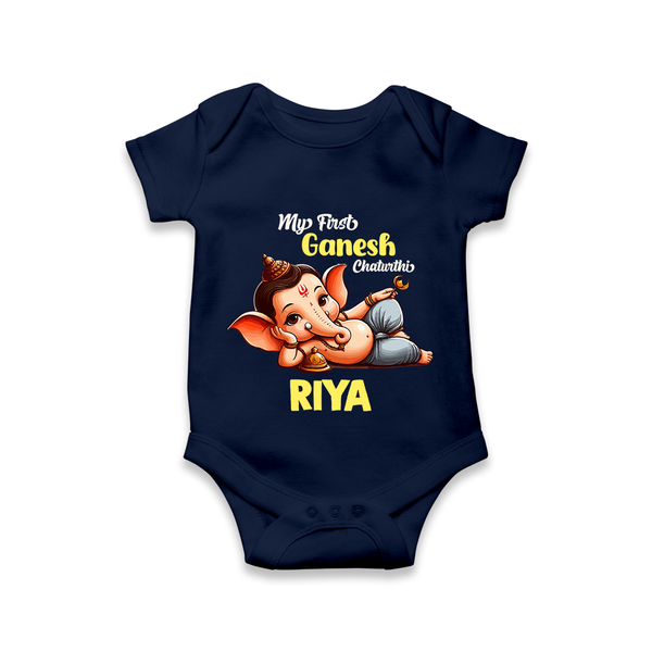 My First Ganesh Chaturthi Romper / Onesie | Personalized Baby Romper / Onesie for Ganesh Festival - NAVY BLUE - New Born (Chest 14")