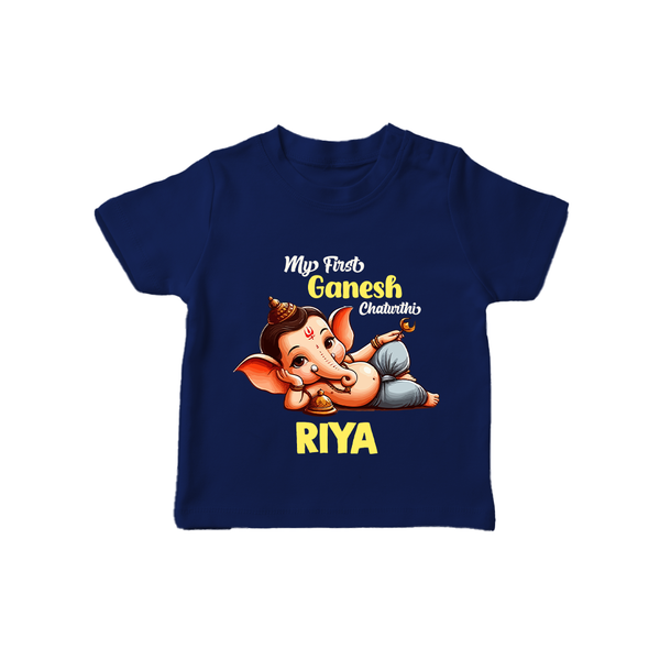 My First Ganesh Chaturthi T-Shirt | Personalized Baby T-Shirt for Ganesh Festival - NAVY BLUE - 0-5 Months Old (Chest 17")