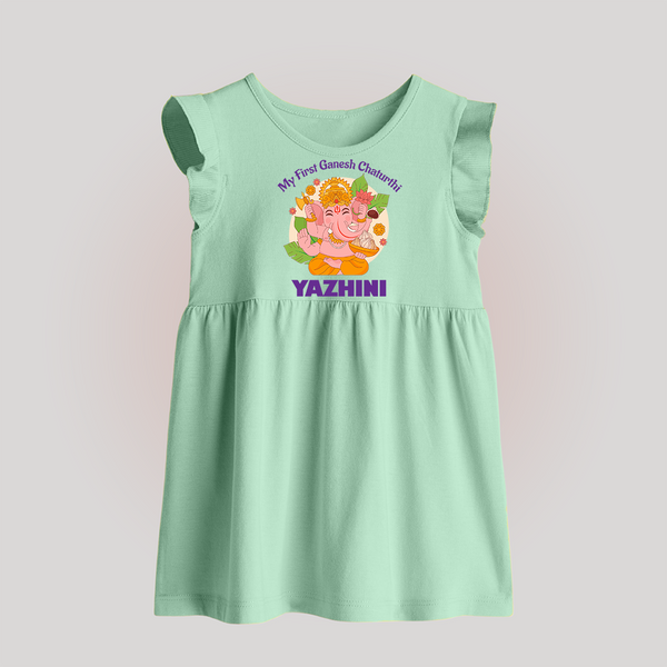 Little Ganesh Devotee Baby Frock | Custom Baby Frock for First Ganesh Chaturthi - MINT GREEN - 0 - 3 Months Old (Chest 17")