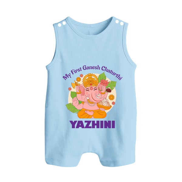 Little Ganesh Devotee Romper Suit / Sleeveless Romper | Custom Baby Romper Suit / Sleeveless Romper for First Ganesh Chaturthi - BABY BLUE - 0 - 5 Months Old (Chest 18")