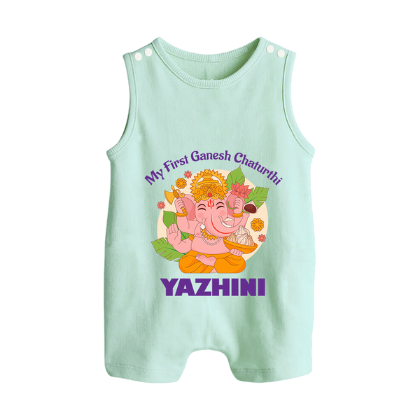 Little Ganesh Devotee Romper Suit / Sleeveless Romper | Custom Baby Romper Suit / Sleeveless Romper for First Ganesh Chaturthi - MINT GREEN - 0 - 5 Months Old (Chest 18")