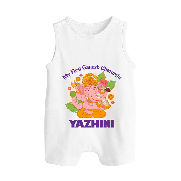 Little Ganesh Devotee Romper Suit / Sleeveless Romper | Custom Baby Romper Suit / Sleeveless Romper for First Ganesh Chaturthi - WHITE - 0 - 5 Months Old (Chest 18")