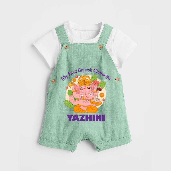 Little Ganesh Devotee Dungaree Set | Custom Baby Dungaree Set for First Ganesh Chaturthi - MINT GREEN - 0 - 5 Months Old (Chest 18")