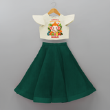 Auspicious Beginnings With Ganesha - Customized Crop Top And Skirt For Kids - BOTTLE GREEN - 6 - 9 Months Old (Chest 20" , Frock Waist 20")