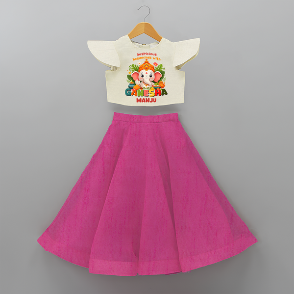 Auspicious Beginnings With Ganesha - Customized Crop Top And Skirt For Kids - FUSCHIA - 6 - 9 Months Old (Chest 20" , Frock Waist 20")