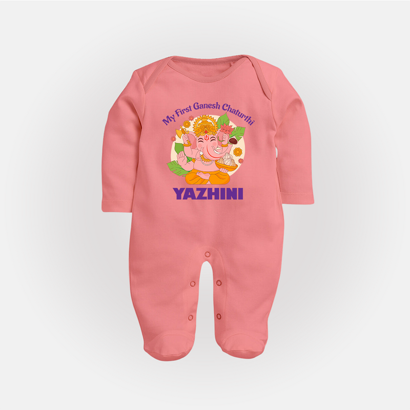 Little Ganesh Devotee Sleep Suit / Full Sleeve Body Suit | Custom Baby Sleep Suit / Full Sleeve Body Suit for First Ganesh Chaturthi - PEACH - New Born (Chest 7.5")