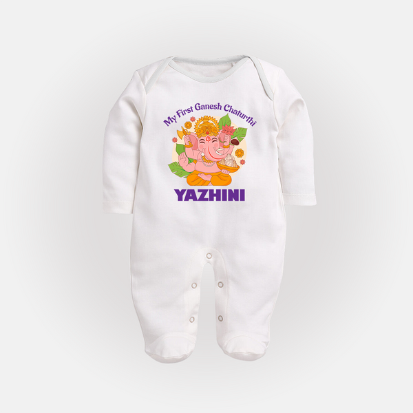 Little Ganesh Devotee Sleep Suit / Full Sleeve Body Suit | Custom Baby Sleep Suit / Full Sleeve Body Suit for First Ganesh Chaturthi - WHITE - New Born (Chest 7.5")