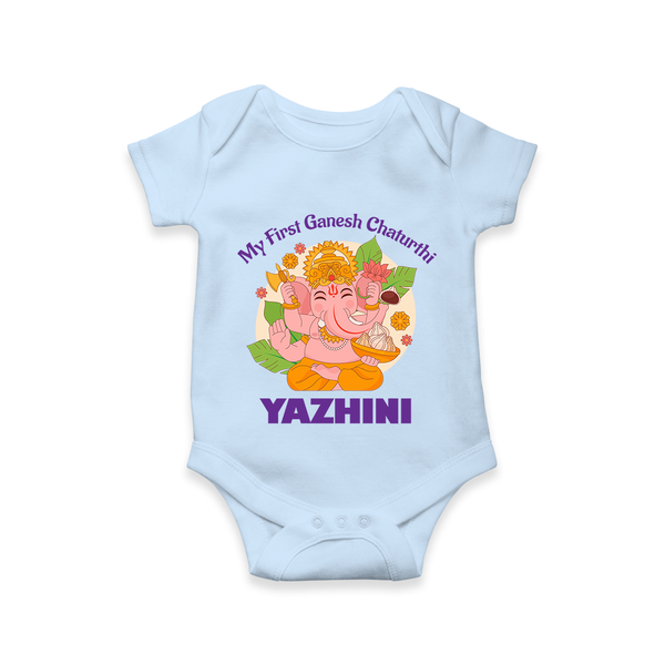 Little Ganesh Devotee Romper / Onesie | Custom Baby Romper / Onesie for First Ganesh Chaturthi - BABY BLUE - New Born (Chest 14")