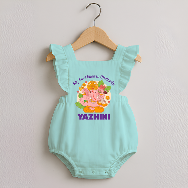 Little Ganesh Devotee Romper Frock | Custom Baby Romper Frock for First Ganesh Chaturthi - MINT GREEN - 0 - 3 Months Old (Chest 19")