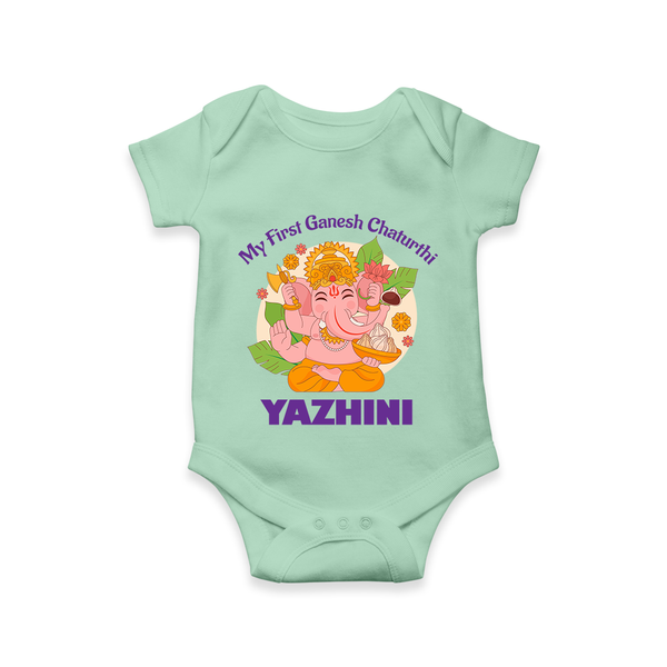 Little Ganesh Devotee Romper / Onesie | Custom Baby Romper / Onesie for First Ganesh Chaturthi - MINT GREEN - New Born (Chest 14")