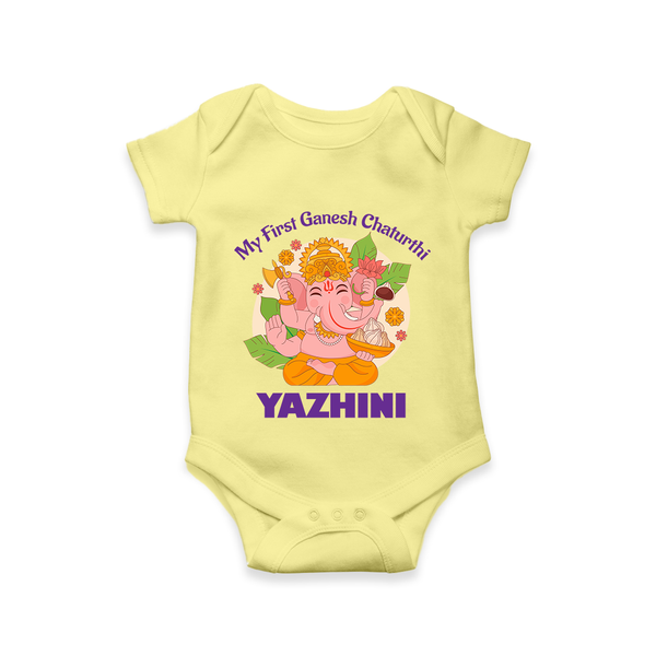 Little Ganesh Devotee Romper / Onesie | Custom Baby Romper / Onesie for First Ganesh Chaturthi - PASTEL YELLOW - New Born (Chest 14")
