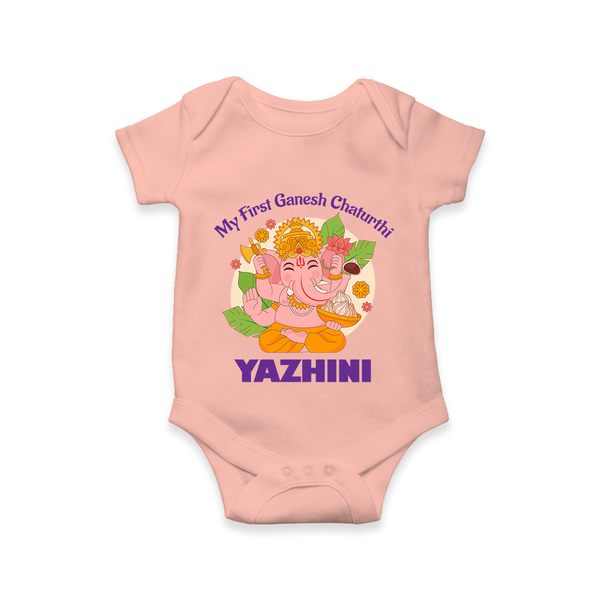 Little Ganesh Devotee Romper / Onesie | Custom Baby Romper / Onesie for First Ganesh Chaturthi - PEACH - New Born (Chest 14")