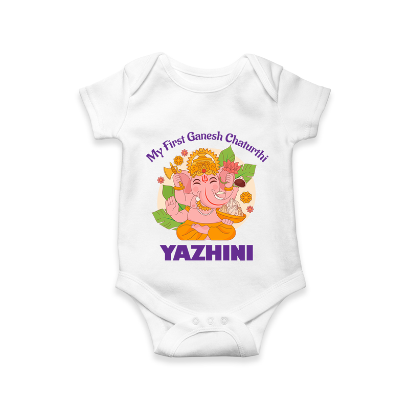 Little Ganesh Devotee Romper / Onesie | Custom Baby Romper / Onesie for First Ganesh Chaturthi - WHITE - New Born (Chest 14")