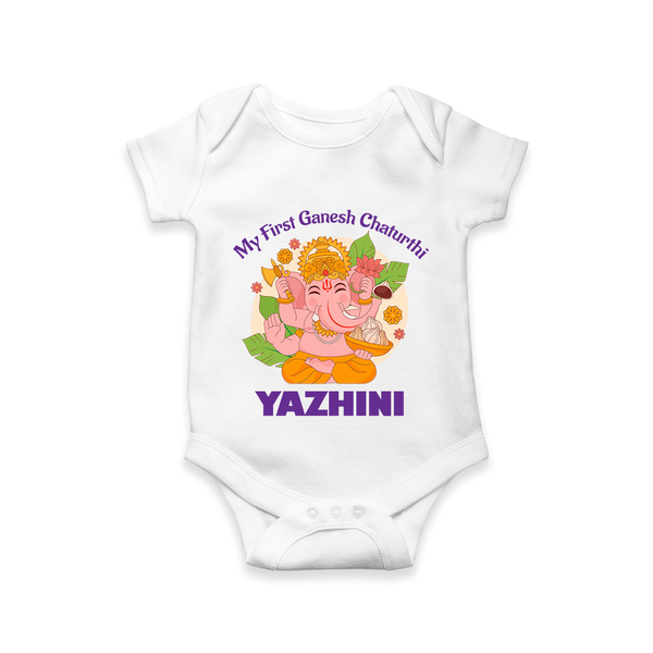 Little Ganesh Devotee Romper / Onesie | Custom Baby Romper / Onesie for First Ganesh Chaturthi - WHITE - New Born (Chest 14")