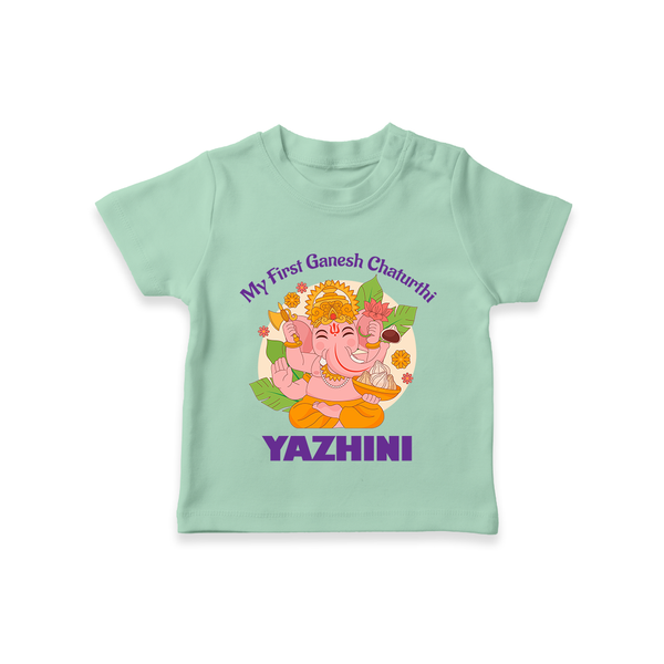 Little Ganesh Devotee T-Shirt | Custom Baby T-Shirt for First Ganesh Chaturthi - MINT GREEN - 0-5 Months Old (Chest 17")