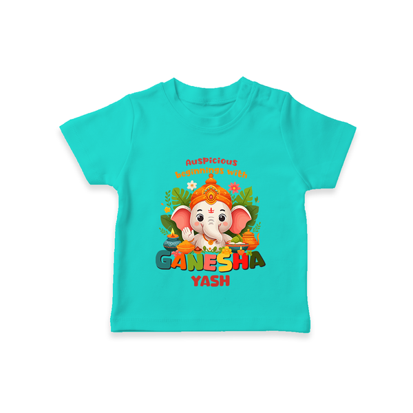 Auspicious Beginnings With Ganesha - Customized TShirt For Kids - TEAL - 0-5 Months Old (Chest 17")