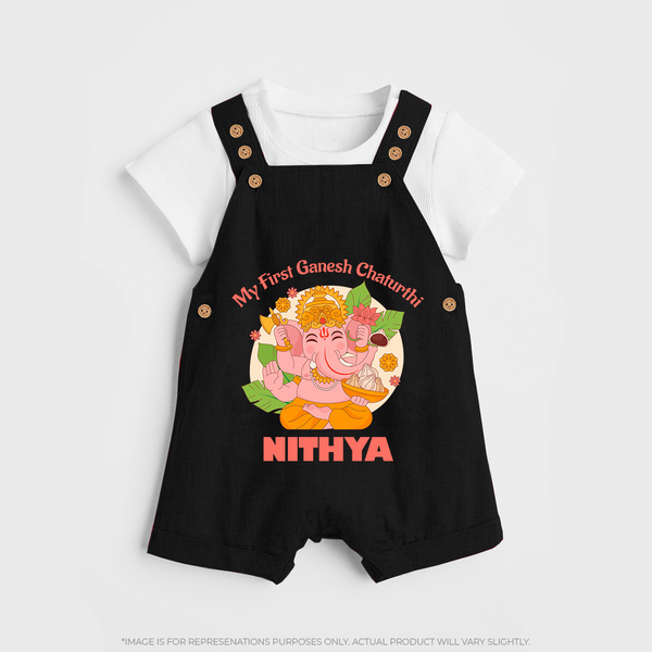 Little Ganesh Devotee Dungaree Set | Custom Baby Dungaree Set for First Ganesh Chaturthi - BLACK - 0 - 5 Months Old (Chest 18")