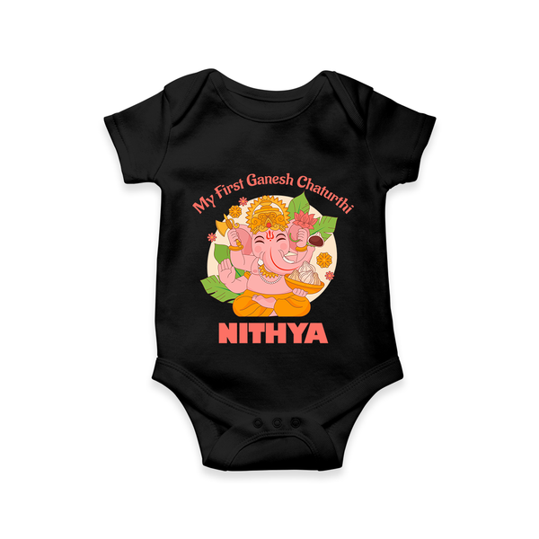 Little Ganesh Devotee Romper / Onesie | Custom Baby Romper / Onesie for First Ganesh Chaturthi - BLACK - New Born (Chest 14")