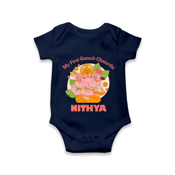 Little Ganesh Devotee Romper / Onesie | Custom Baby Romper / Onesie for First Ganesh Chaturthi - NAVY BLUE - New Born (Chest 14")