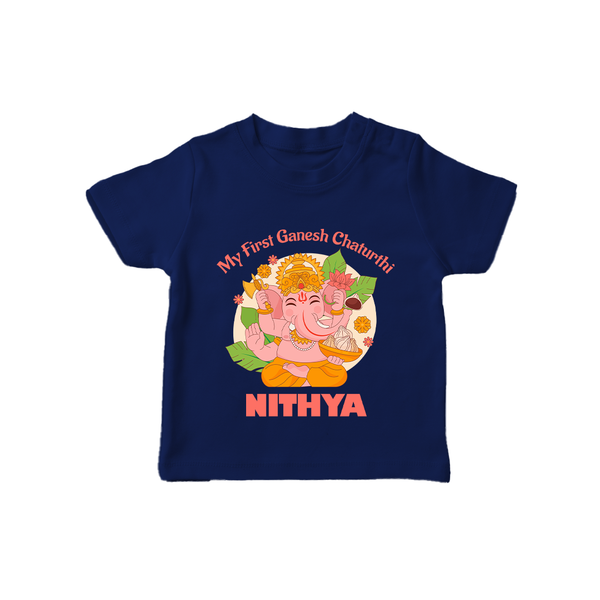 Little Ganesh Devotee T-Shirt | Custom Baby T-Shirt for First Ganesh Chaturthi - NAVY BLUE - 0-5 Months Old (Chest 17")