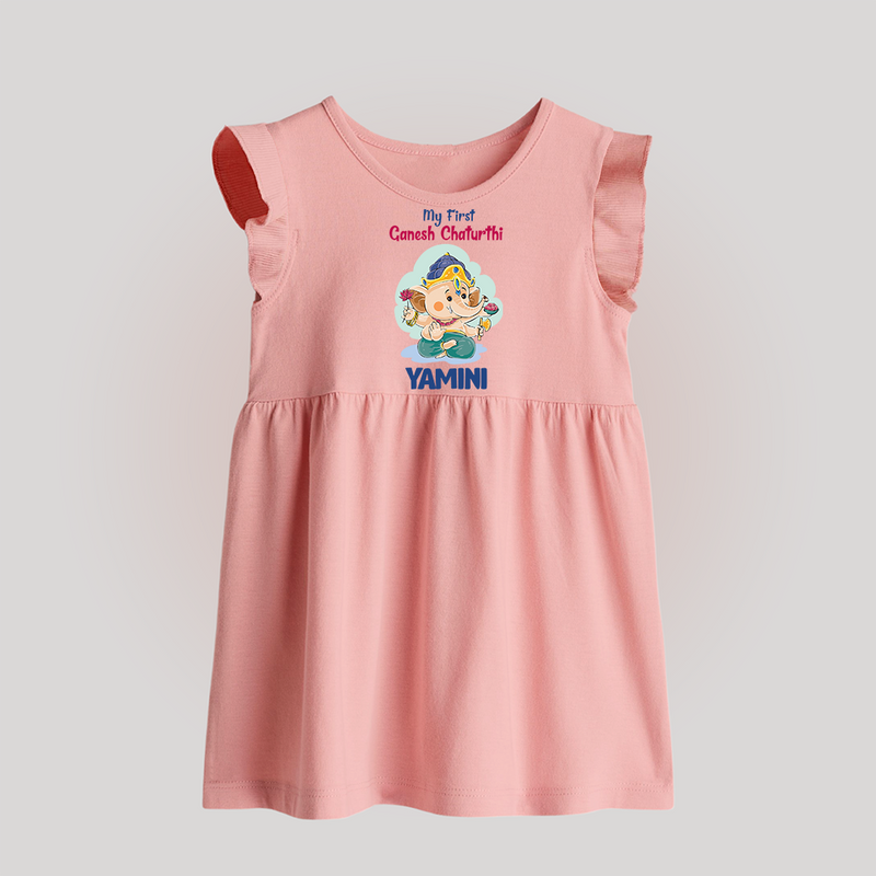 My First Ganesh Chaturthi Celebration Baby Frock | Personalized Baby Frock for the Festival - BABY PINK - 0 - 3 Months Old (Chest 17")