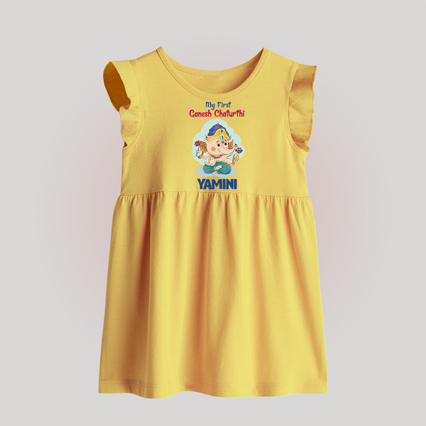 My First Ganesh Chaturthi Celebration Baby Frock | Personalized Baby Frock for the Festival - PASTEL YELLOW - 0 - 3 Months Old (Chest 17")