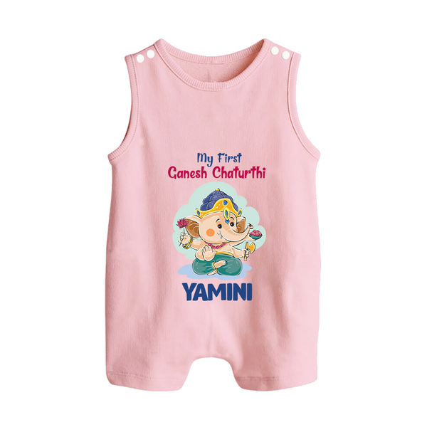 My First Ganesh Chaturthi Celebration Romper Suit / Sleeveless Romper | Personalized Baby Romper Suit / Sleeveless Romper for the Festival - BABY PINK - 0 - 5 Months Old (Chest 18")