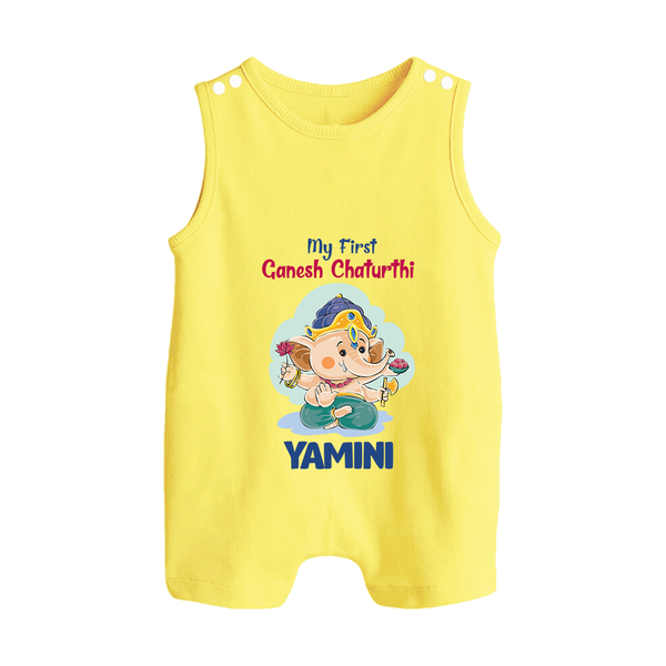 My First Ganesh Chaturthi Celebration Romper Suit / Sleeveless Romper | Personalized Baby Romper Suit / Sleeveless Romper for the Festival - PASTEL YELLOW - 0 - 5 Months Old (Chest 18")
