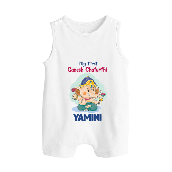 My First Ganesh Chaturthi Celebration Romper Suit / Sleeveless Romper | Personalized Baby Romper Suit / Sleeveless Romper for the Festival - WHITE - 0 - 5 Months Old (Chest 18")