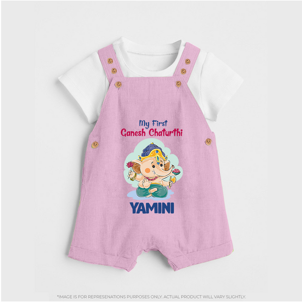 My First Ganesh Chaturthi Celebration Dungaree Set | Personalized Baby Dungaree Set for the Festival - BABY PINK - 0 - 5 Months Old (Chest 18")