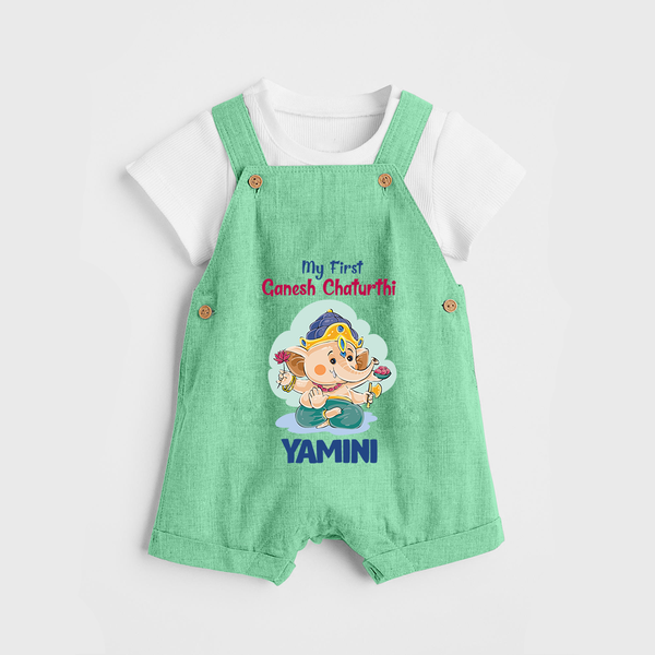 My First Ganesh Chaturthi Celebration Dungaree Set | Personalized Baby Dungaree Set for the Festival - GREEN - 0 - 5 Months Old (Chest 18")