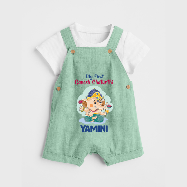 My First Ganesh Chaturthi Celebration Dungaree Set | Personalized Baby Dungaree Set for the Festival - MINT GREEN - 0 - 5 Months Old (Chest 18")
