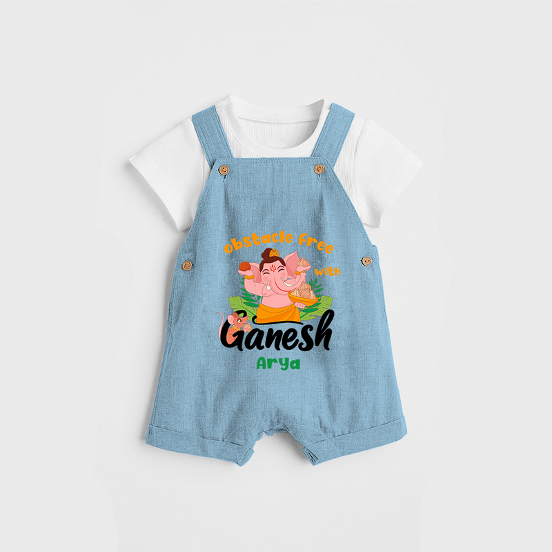 Obstacle Free With Ganesha - Customized Dungaree Set For Kids - SKY BLUE - 0 - 5 Months Old (Chest 18")