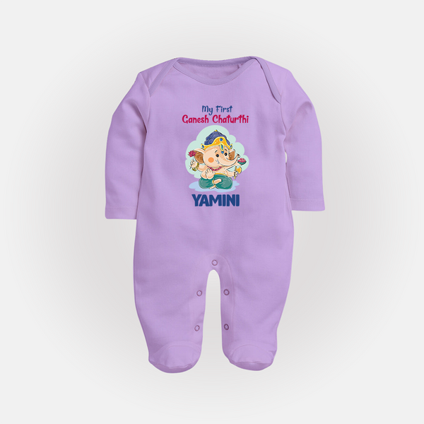 My First Ganesh Chaturthi Celebration Sleep Suit / Full Sleeve Body Suit | Personalized Baby Sleep Suit / Full Sleeve Body Suit for the Festival - LILAC - New Born (Chest 7.5")