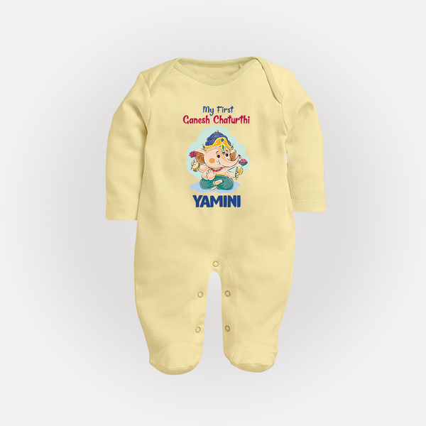 My First Ganesh Chaturthi Celebration Sleep Suit / Full Sleeve Body Suit | Personalized Baby Sleep Suit / Full Sleeve Body Suit for the Festival - PASTEL YELLOW - New Born (Chest 7.5")