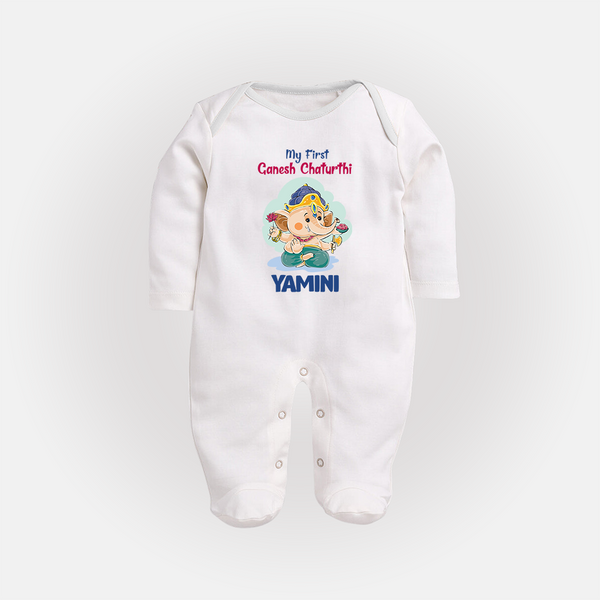 My First Ganesh Chaturthi Celebration Sleep Suit / Full Sleeve Body Suit | Personalized Baby Sleep Suit / Full Sleeve Body Suit for the Festival - WHITE - New Born (Chest 7.5")