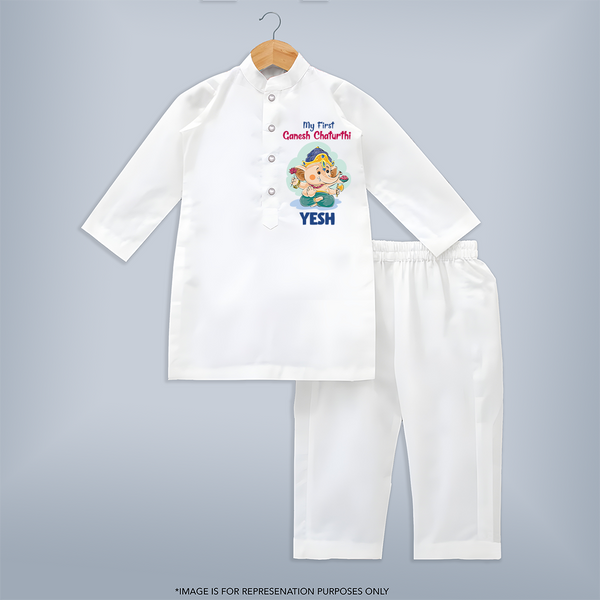 My First Ganesh Chaturthi Celebration Kurta Set | Personalized Baby Kurta Set for the Festival - WHITE - 3 - 6 Months Old (Chest 24", Kurta Length 14'', Waist 19", Pant Length 14")