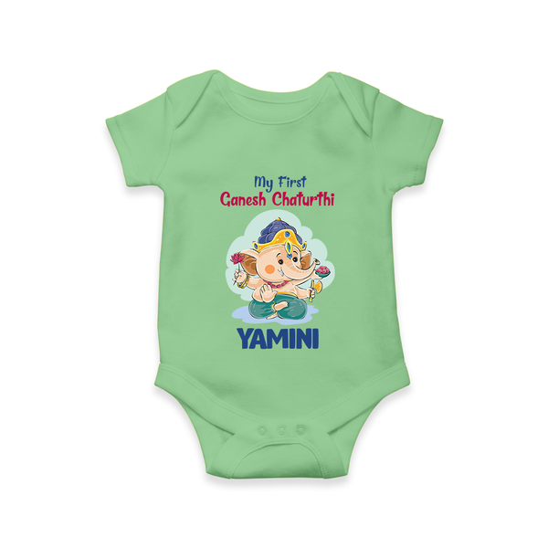 My First Ganesh Chaturthi Celebration Romper / Onesie | Personalized Baby Romper / Onesie for the Festival - GREEN - New Born (Chest 14")