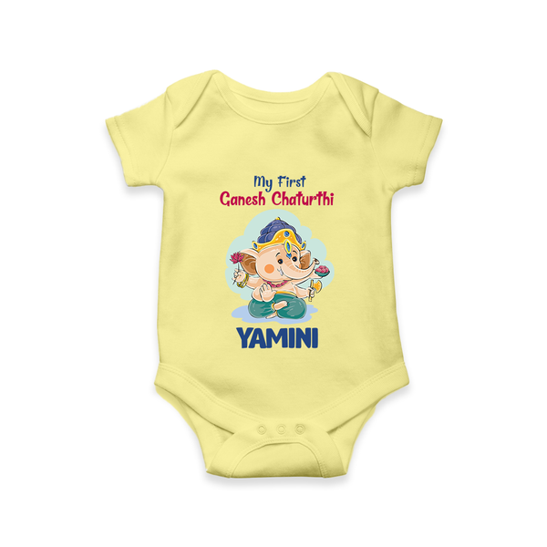My First Ganesh Chaturthi Celebration Romper / Onesie | Personalized Baby Romper / Onesie for the Festival - PASTEL YELLOW - New Born (Chest 14")