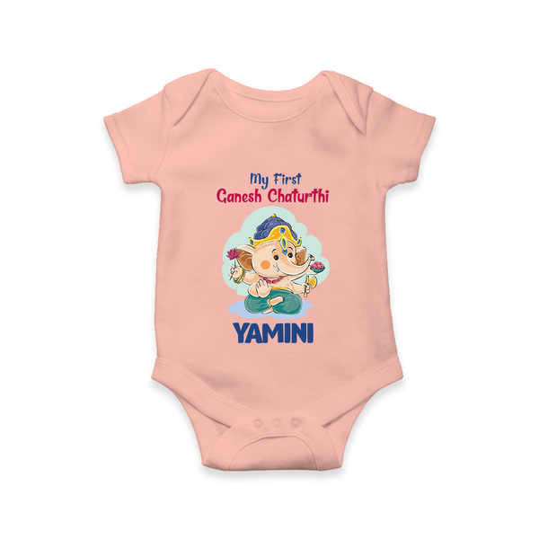 My First Ganesh Chaturthi Celebration Romper / Onesie | Personalized Baby Romper / Onesie for the Festival - PEACH - New Born (Chest 14")