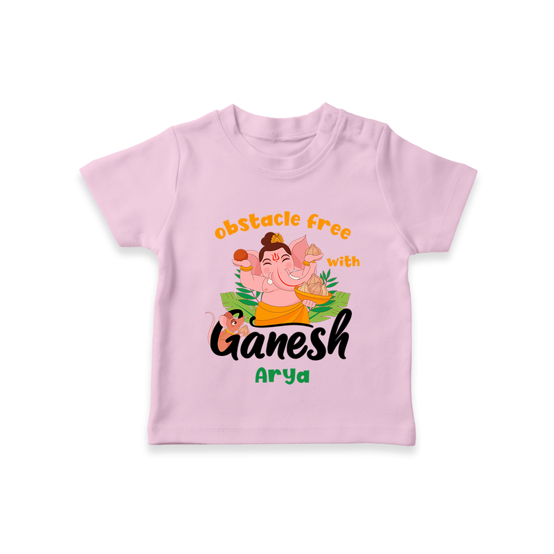 Obstacle Free With Ganesha - Customized TShirt For Kids - PINK - 0-5 Months Old (Chest 17")