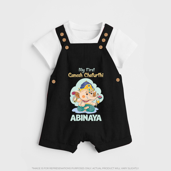 My First Ganesh Chaturthi Celebration Dungaree Set | Personalized Baby Dungaree Set for the Festival - BLACK - 0 - 5 Months Old (Chest 18")