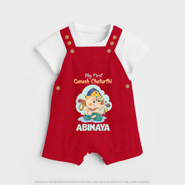 My First Ganesh Chaturthi Celebration Dungaree Set | Personalized Baby Dungaree Set for the Festival - RED - 0 - 5 Months Old (Chest 18")