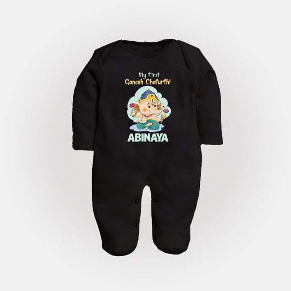My First Ganesh Chaturthi Celebration Sleep Suit / Full Sleeve Body Suit | Personalized Baby Sleep Suit / Full Sleeve Body Suit for the Festival - BLACK - New Born (Chest 7.5")