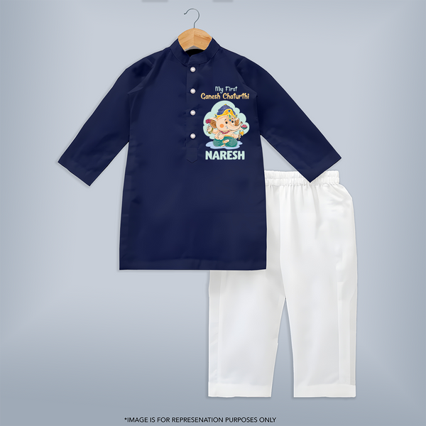 My First Ganesh Chaturthi Celebration Kurta Set | Personalized Baby Kurta Set for the Festival - NAVY BLUE - 3 - 6 Months Old (Chest 24", Kurta Length 14'', Waist 19", Pant Length 14")