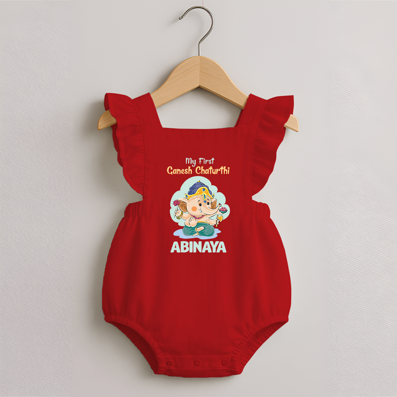 My First Ganesh Chaturthi Celebration Romper Frock | Personalized Baby Romper Frock for the Festival - RED - 0 - 3 Months Old (Chest 19")